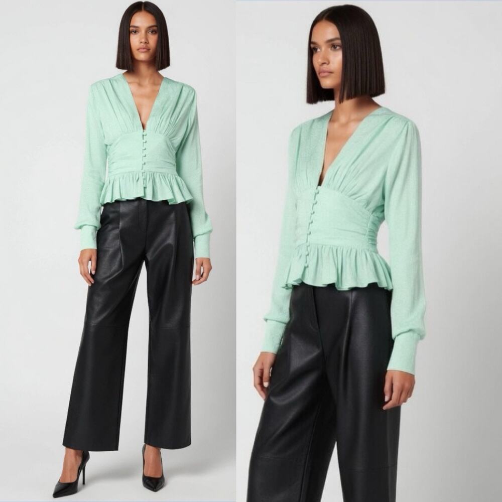 ROTATE Tracy Plunge Neckline Blouse Mint Green Sz Large Preppy Chic Luxury Top